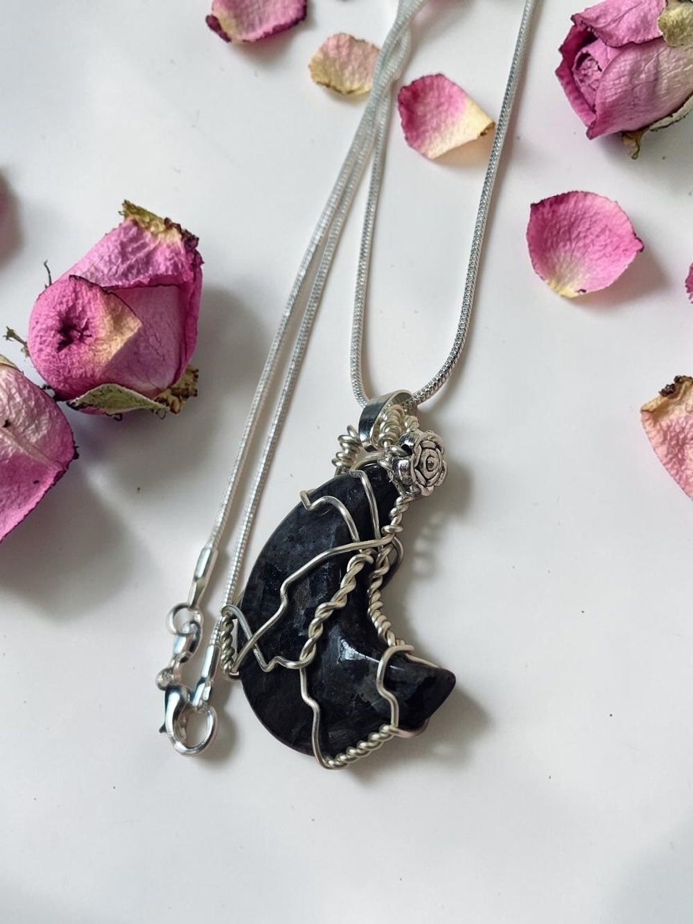 Handcrafted Labadorite Moonstone Wire-Wrapped Pendant/ Silver/flower Charm